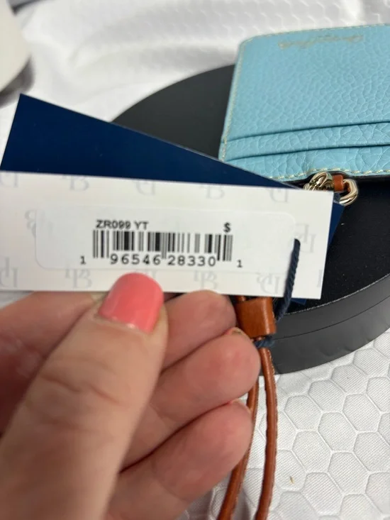 Dooney & Bourke Light Blue Pebbled Leather Card Holder with Brown Strap - Picture 5 of 5